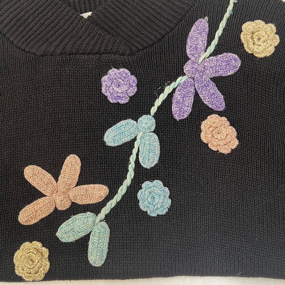 Gitano Women Knit Sweater M Vtg Cotton Pullover Floral Embroidery Whimsigoth 90s - Picture 3 of 10